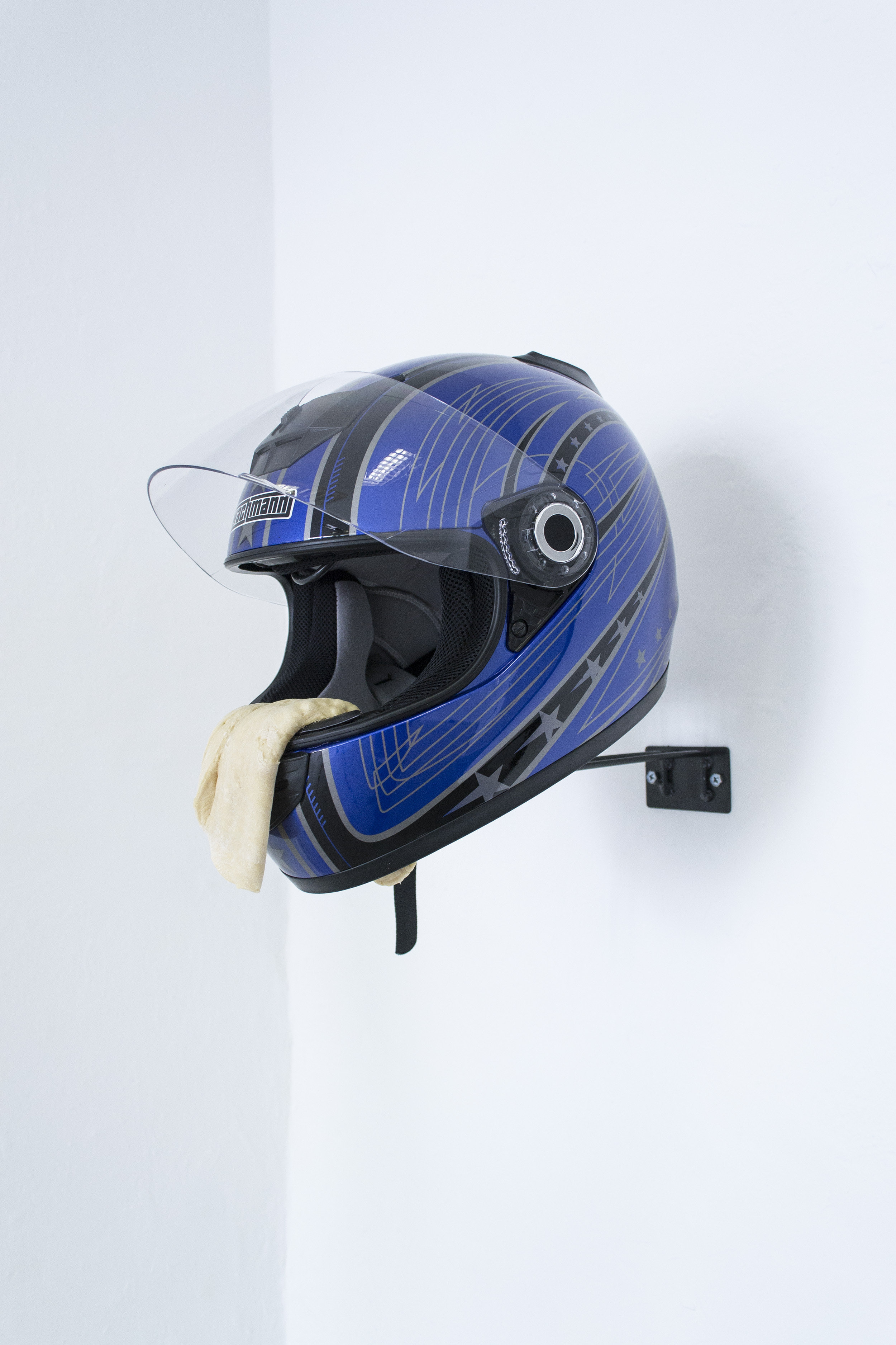 Inefficient Piece No. 1, Another Painless Encounter, 2014 Wachmann WA-20 helmet, wall mount for helmet and pizza dough