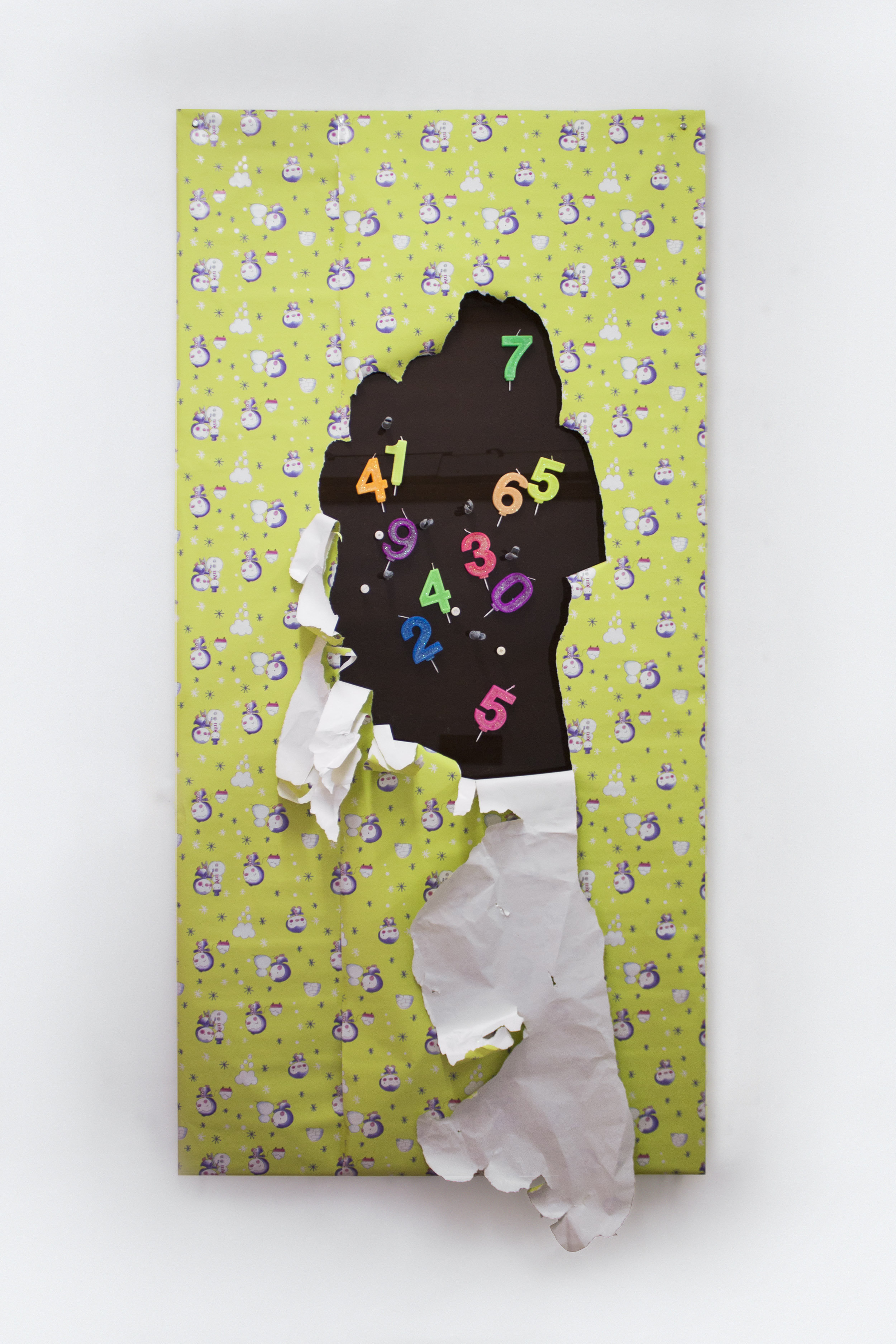 Work No. 1, 2019 Polymethyl methacrylate panel, birthday candles, wall plugs bitten by dog, 3D-printed screws (ABS), wrapping paper and wall dust 180 x 90 x 5 c