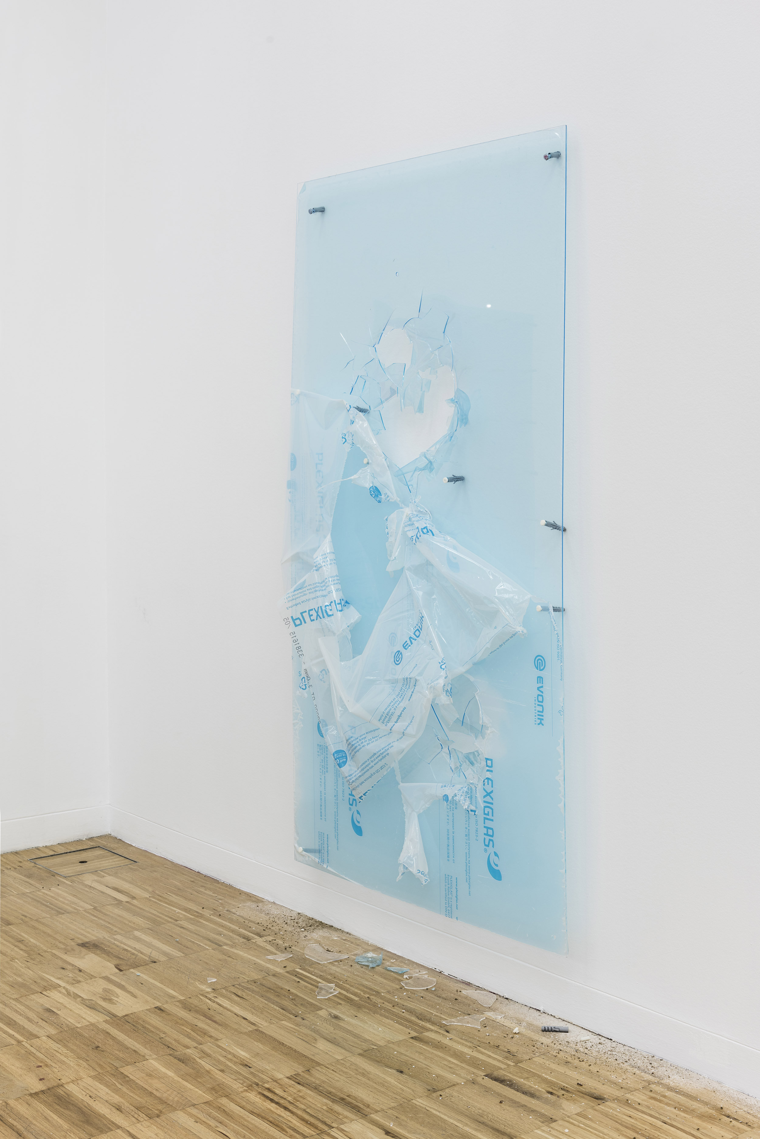 Preresolution No. 6, 2016 Broken panel of Polymethyl methacrylate, industrial screws, 3D-printed screws (ABS), wall plugs and wall dust 180 x 100 cm
