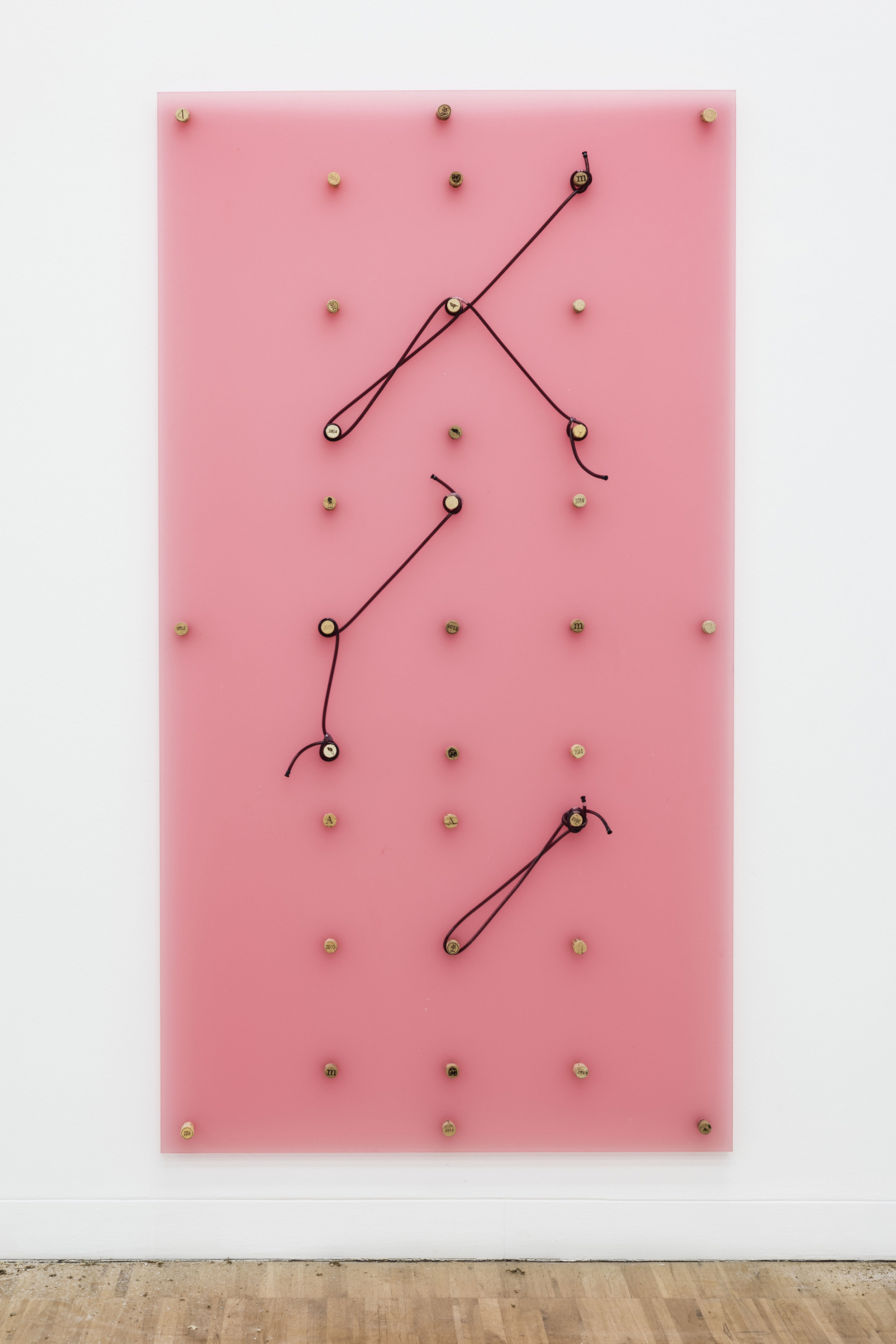 Handy Rule No. 5, 2016 Polymethyl methacrylate panel, cork stoppers, PVC hoses, bulk wine and wall dust 175 x 95 cm