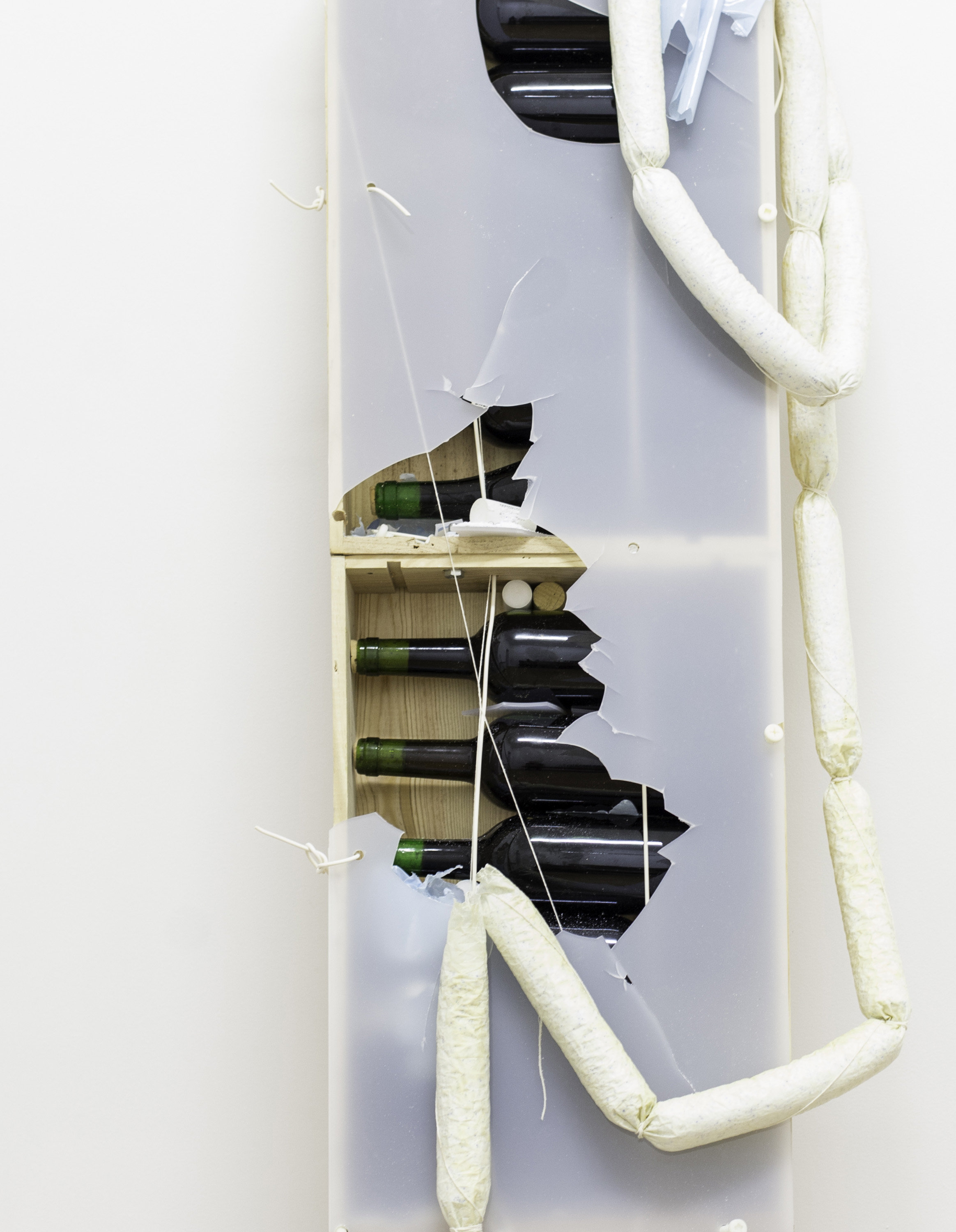 Serial Deduction No. 4 + (mosquito gif addition No. 3), 2017 Four wooden boxes for transporting commercial wine, 16 bulk wine bottles, natural cork stoppers, sy
