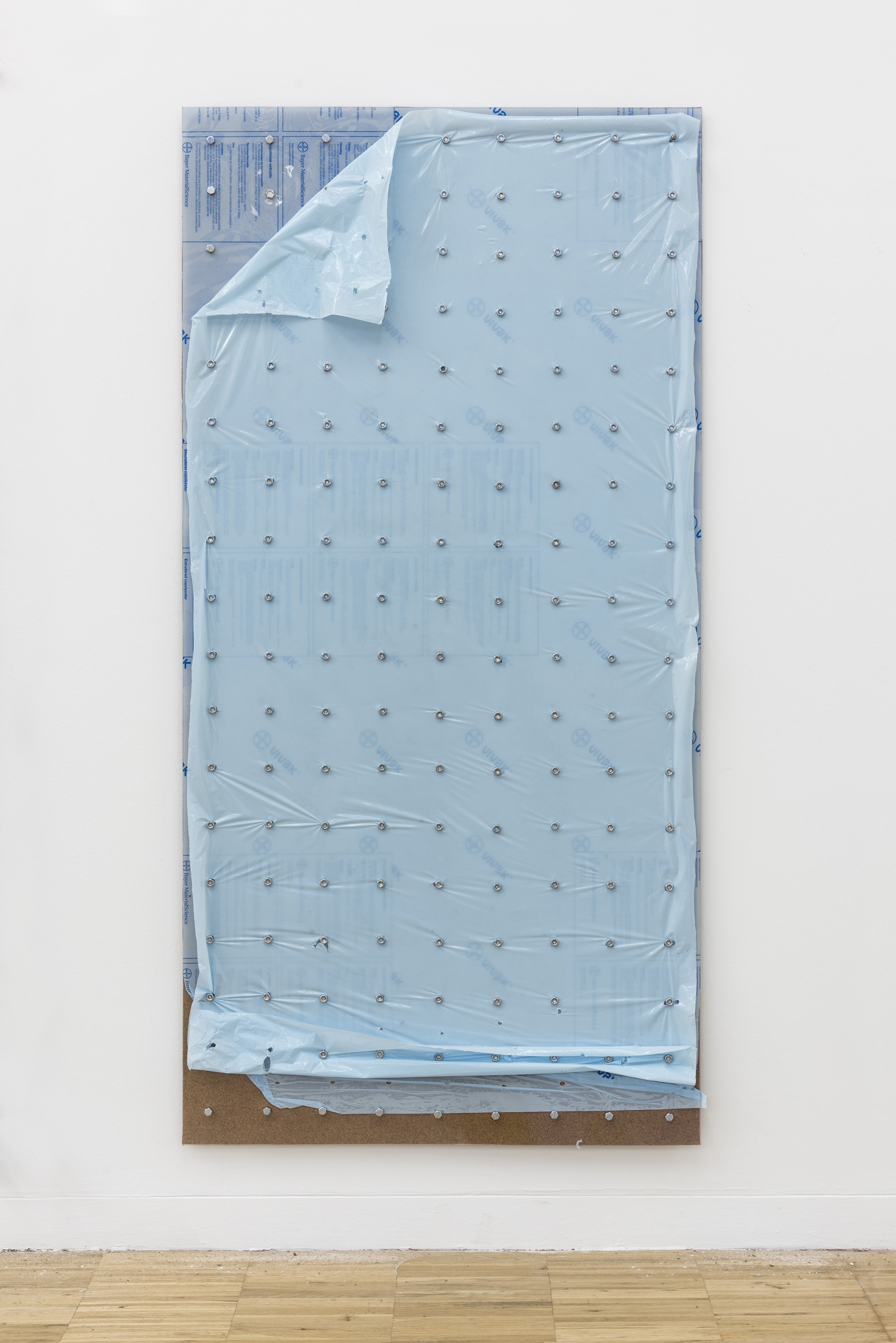 Serial Deduction No. 3, 2016 Two polyester panels, cork board, artificial snow, industrial screws, 3D-printed screws (ABS), and wall dust 180 x 95 cm