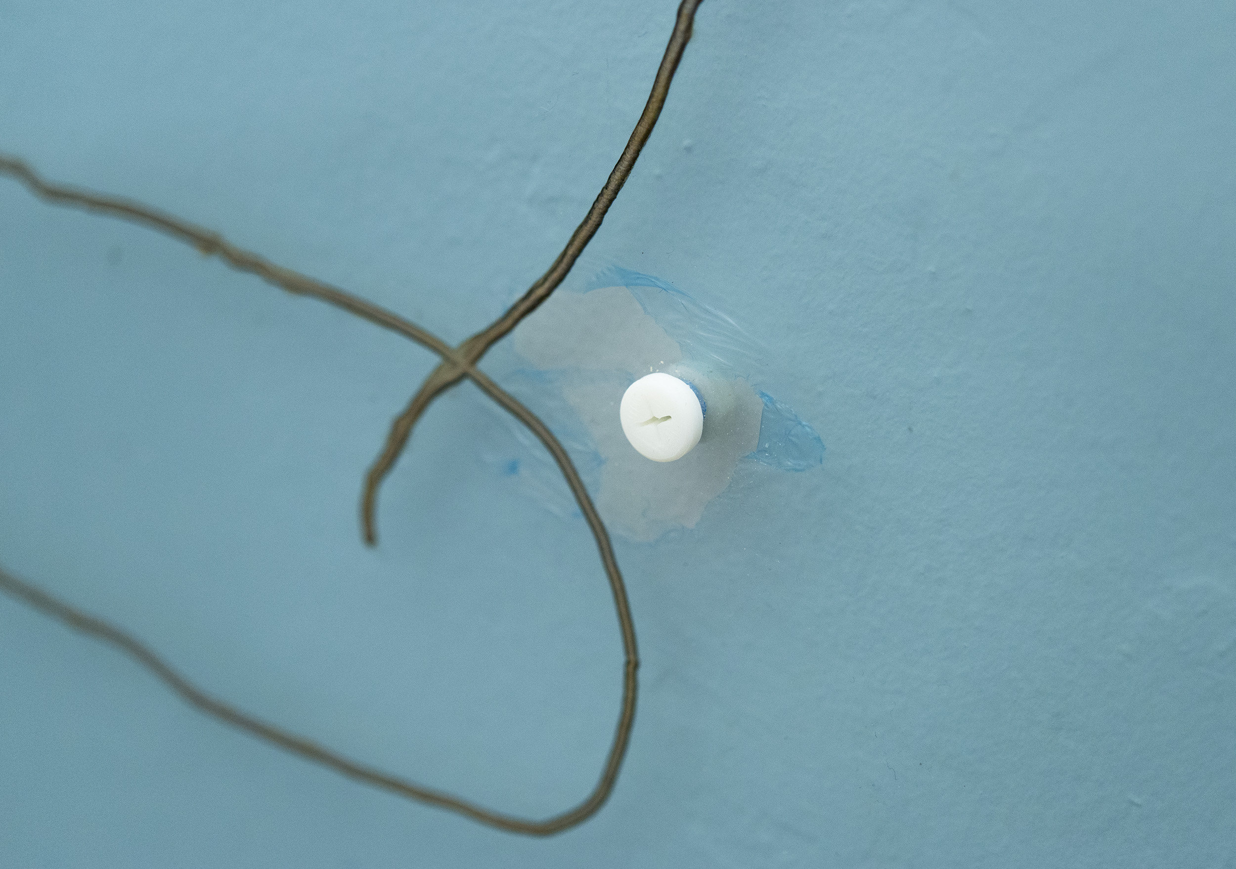 Handy Rule No. 4, 2016 Two polymethyl methacrylate panels, industrial screws, 3D-printed screws (ABS), soap and wall dust 180 x 100 cm