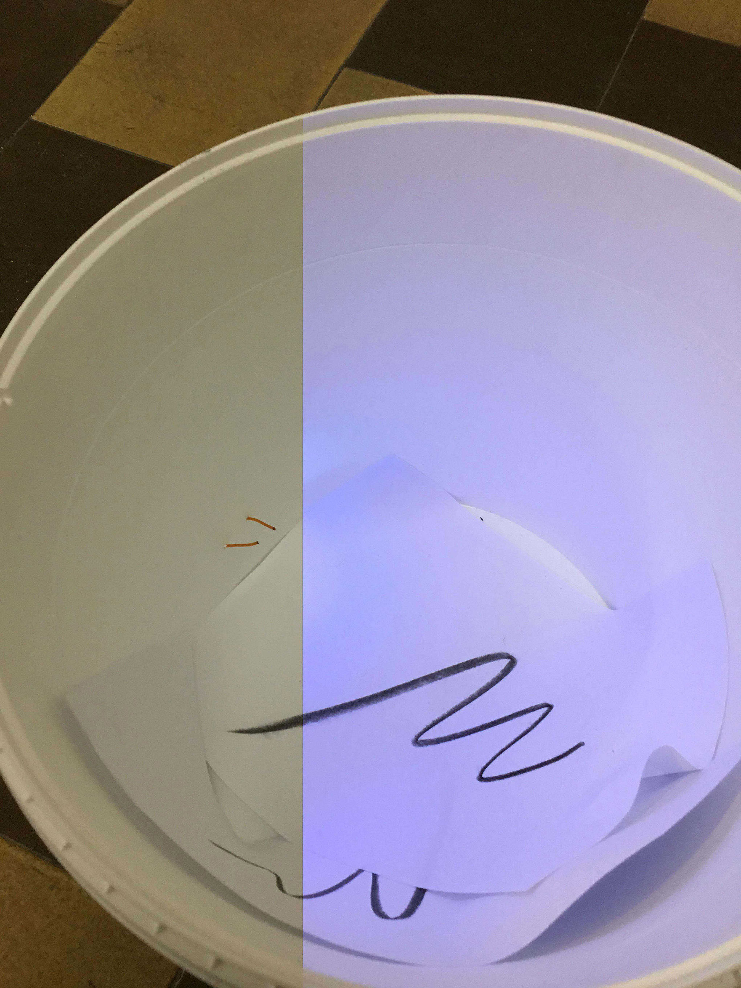 Oriented Combustions (Sketch Research No. 2. Feedback, 1/2), 2018 PVC bucket, natural charcoal scrawl on paper, laser photocopy, high voltage transformer (DC 3v